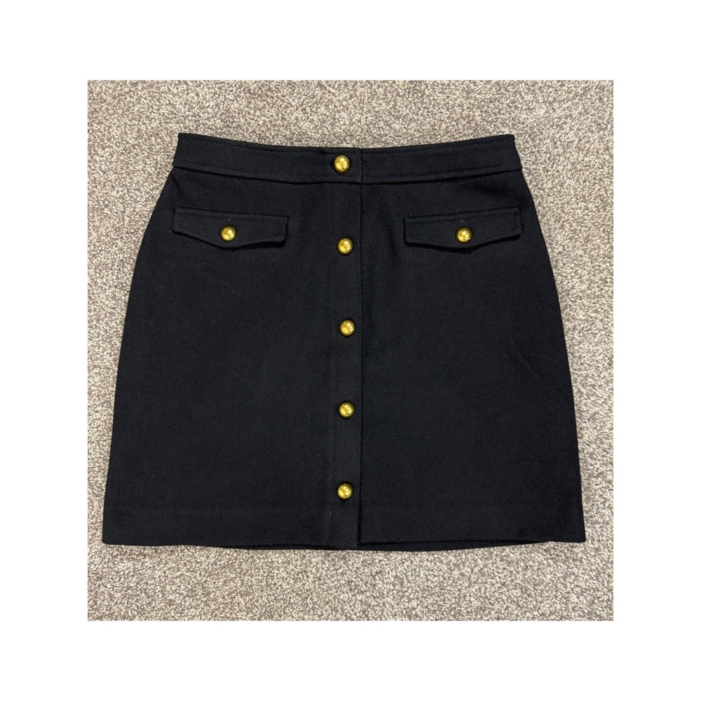 LOFT Knit Mini Skirt Womens 4 Black Gold Button Sailor Academia Preppy Classic